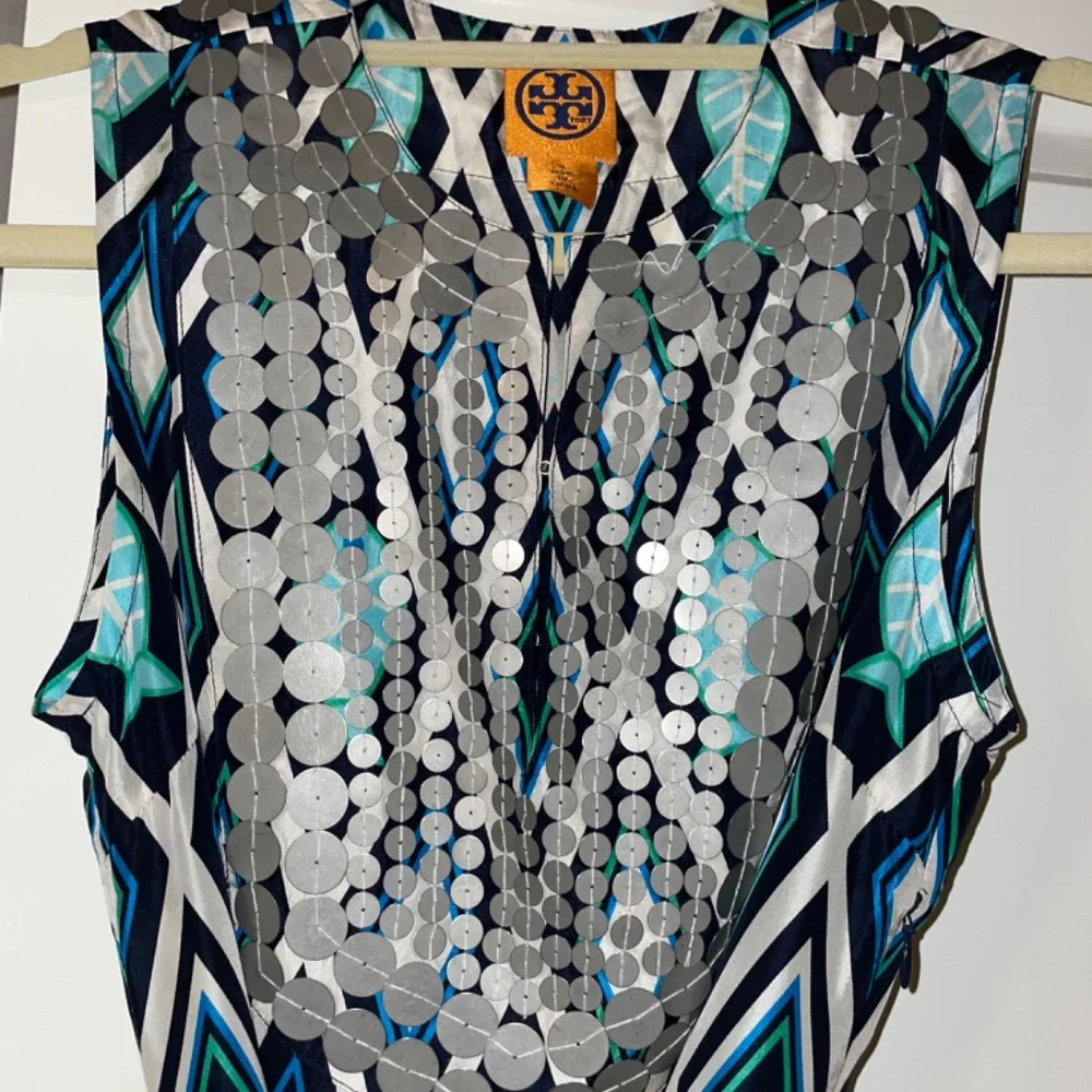 VINTAGE TORY BURCH 100% Silk Fish Print Blue/Turquoise  Kaftan Dress Size4